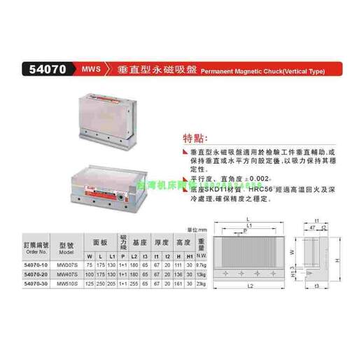 台湾精展 54070MWS 垂直型永磁吸盘MW307S MW407S MW510S