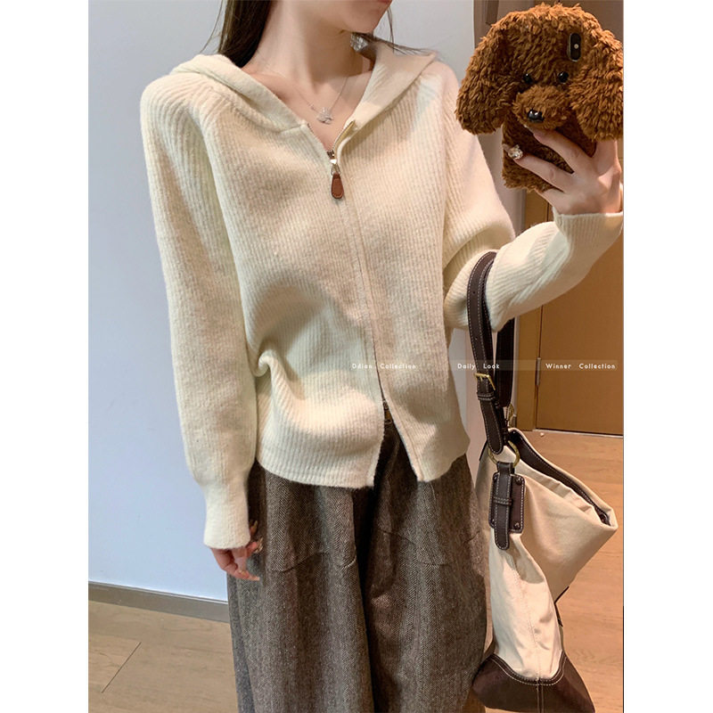 杏色连帽针织开衫外套女2025春季宽松显瘦加厚毛衣高级感百搭上衣