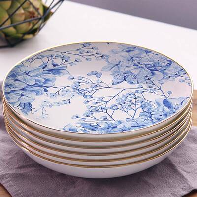 欧式蓝色绣球花创图案陶瓷盘意酒店餐厅植主餐盘西餐XDG题摆台套