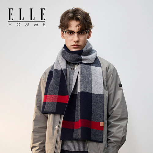 ELLE HOMME100%羊毛针织围巾男士秋冬季保暖商务送礼礼盒格子围脖