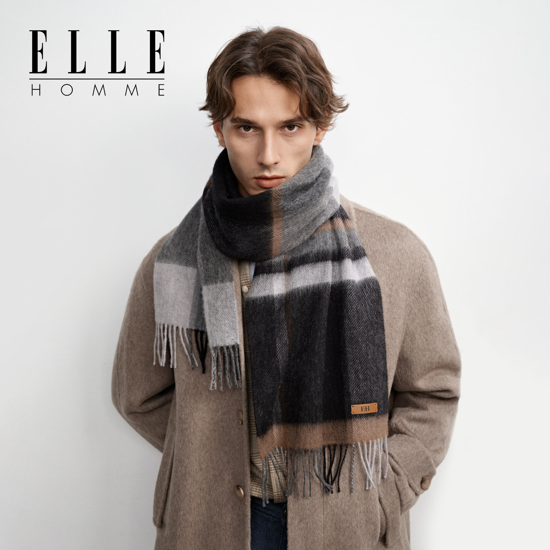 ELLE HOMME男士100%羊毛围巾秋冬保暖送礼礼盒装商务格子围脖新款