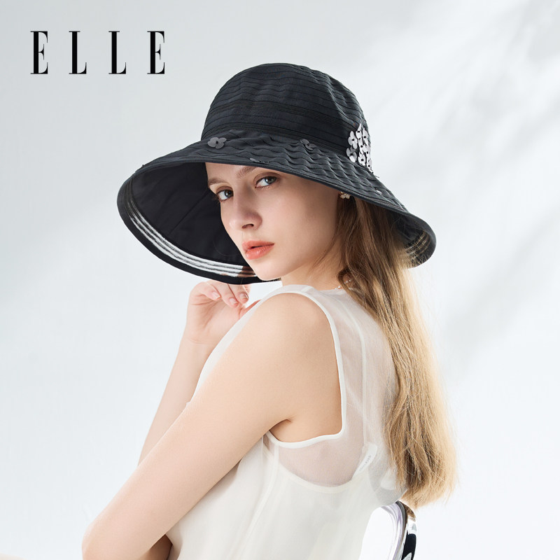 ELLE遮阳帽女夏季花朵户外休闲遮脸时尚百搭度假大檐渔夫帽礼帽A