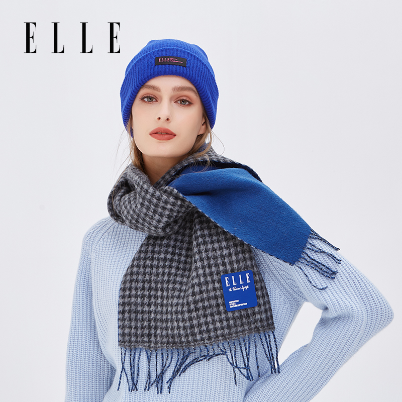 ELLE千鸟格100%绵羊毛围巾女士户外保暖秋冬季时尚百搭披肩围脖