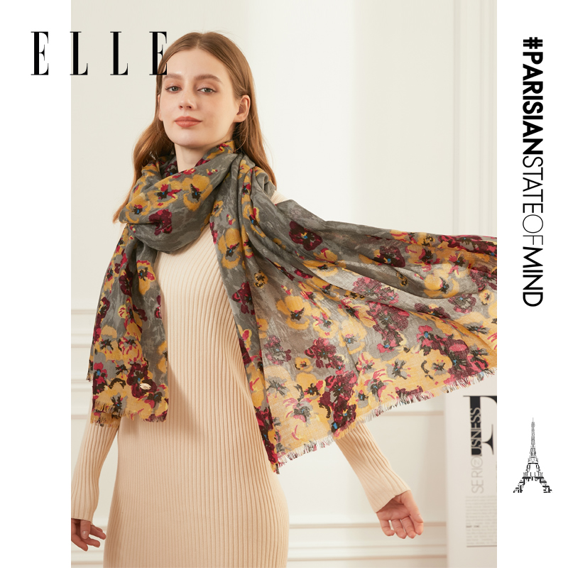 ELLE设计师款100%羊毛印花围巾女
