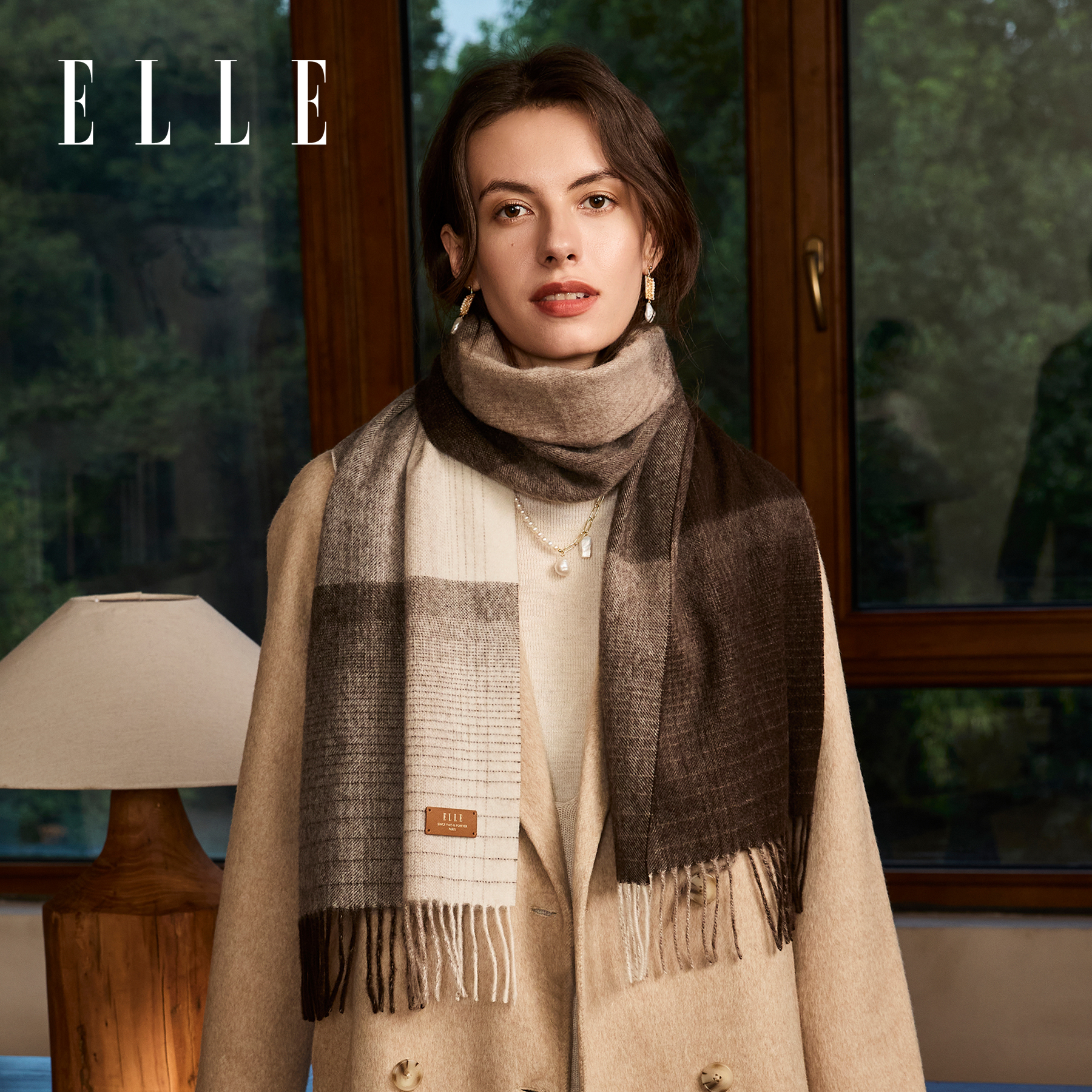 ELLE山羊绒围巾女士冬季户外保暖时尚百搭送礼礼盒装羊毛格子围脖