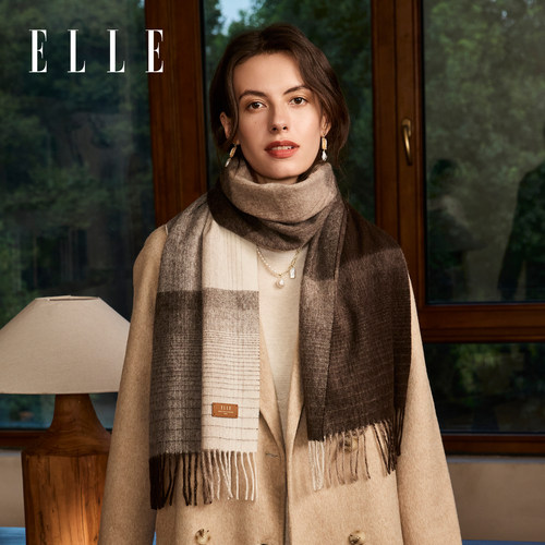 ELLE山羊绒围巾女士冬季户外保暖时尚百搭送礼礼盒装羊毛格子围脖