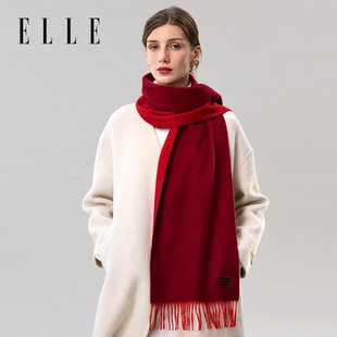 ELLE100%山羊绒红色围巾女士秋冬季水波纹保暖围脖新年送礼礼盒装