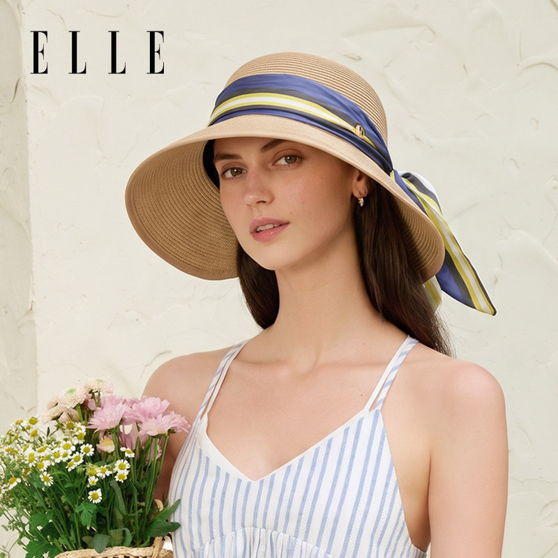 ELLE时尚草帽女士夏季户外海边沙滩田园风法式优雅大帽檐遮阳帽子