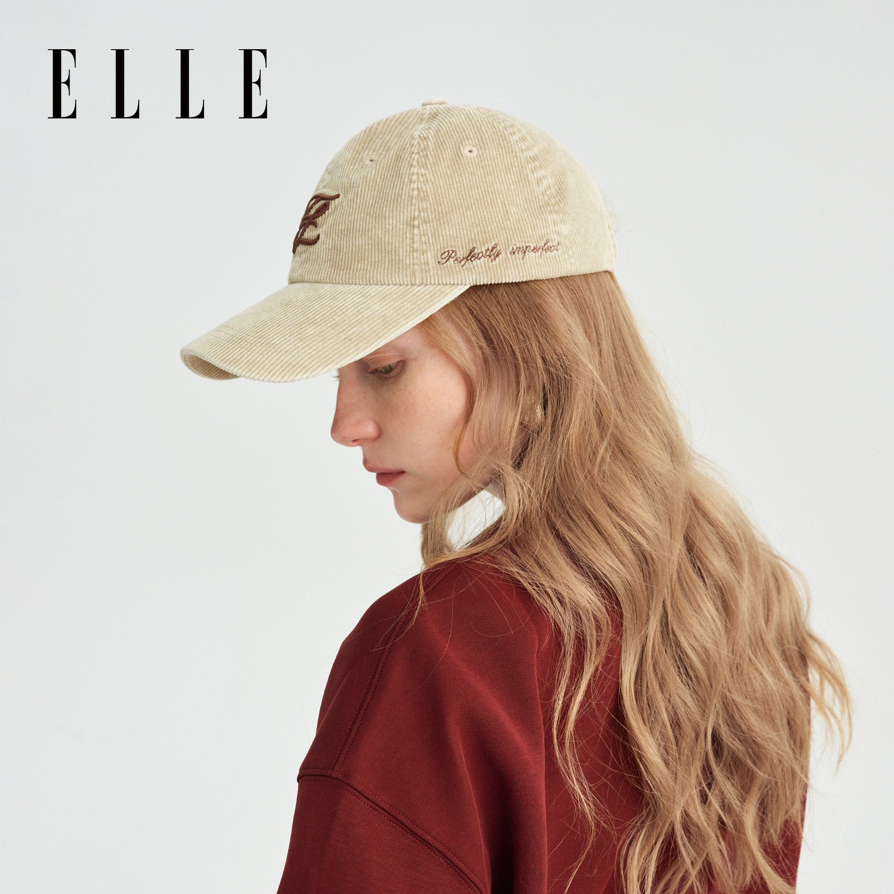ELLE纯棉灯芯绒棒球帽女士秋冬季时尚保暖大头围刺绣做旧鸭舌帽子