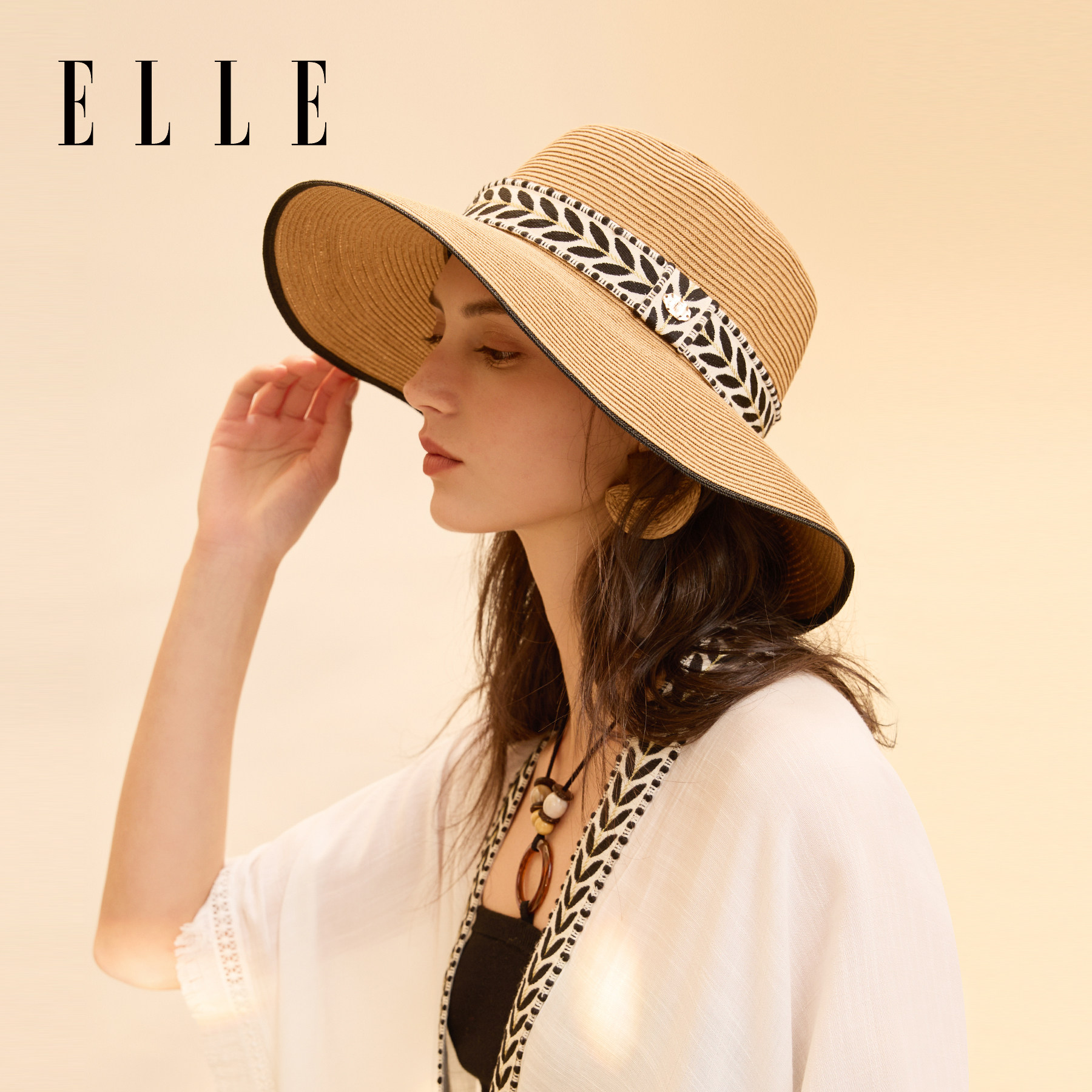 ELLE遮阳草帽女款法式田园风夏季海边大帽檐太阳帽时尚百搭显脸小