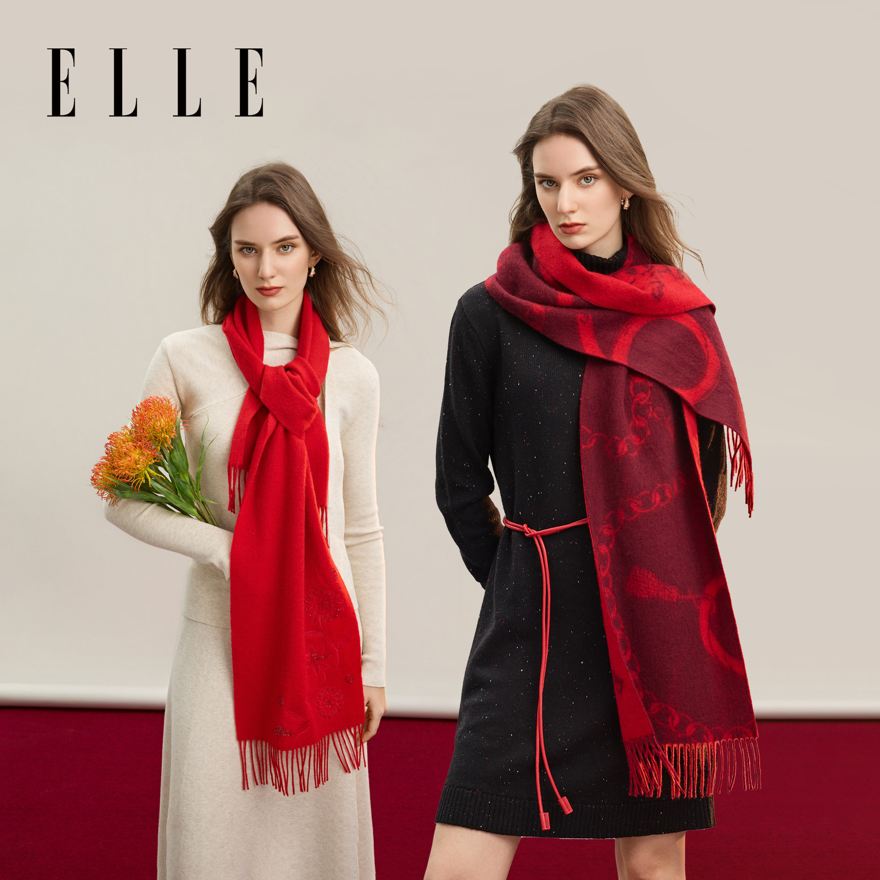 ELLE马年新年红色羊毛围巾保暖送礼礼盒装提花围脖女款秋冬季新款