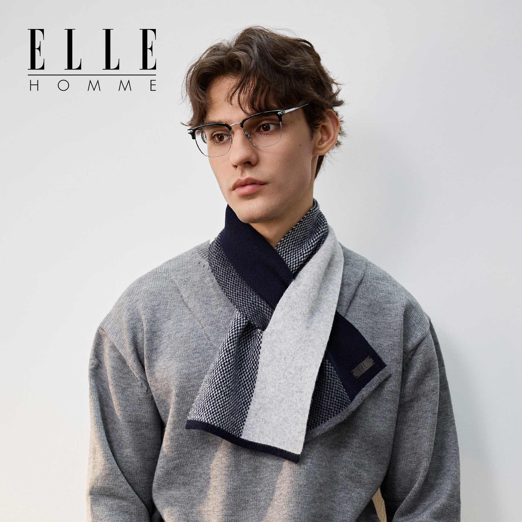 ELLE HOMME羊毛针织围巾短款男士秋冬季户外保暖商务简约穿孔围脖