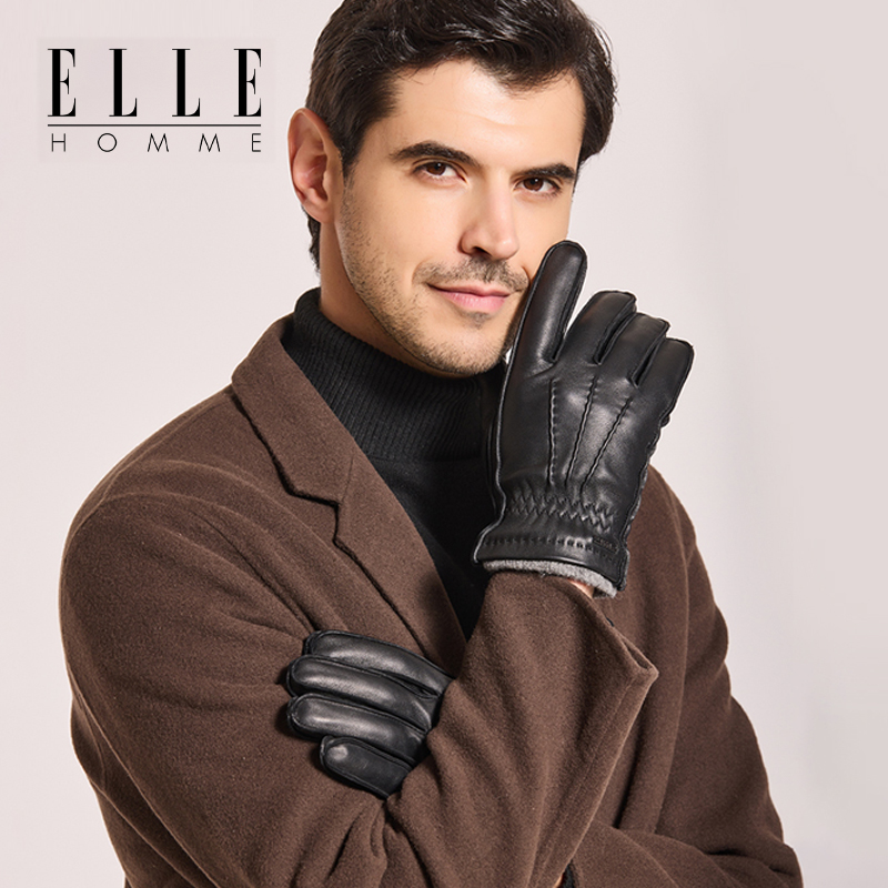 ELLE男士羊皮分指手套加绒加厚
