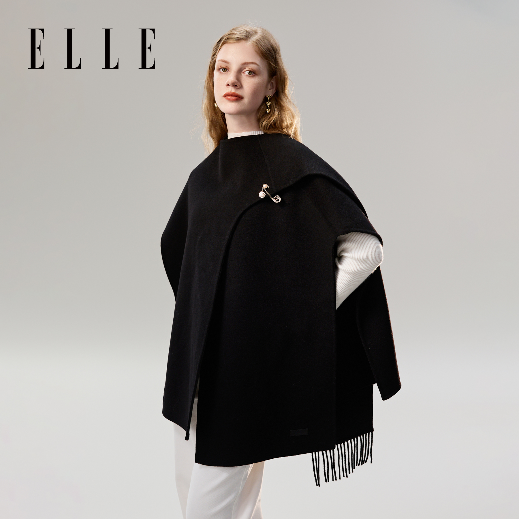 ELLE羊毛披肩斗篷女士围巾