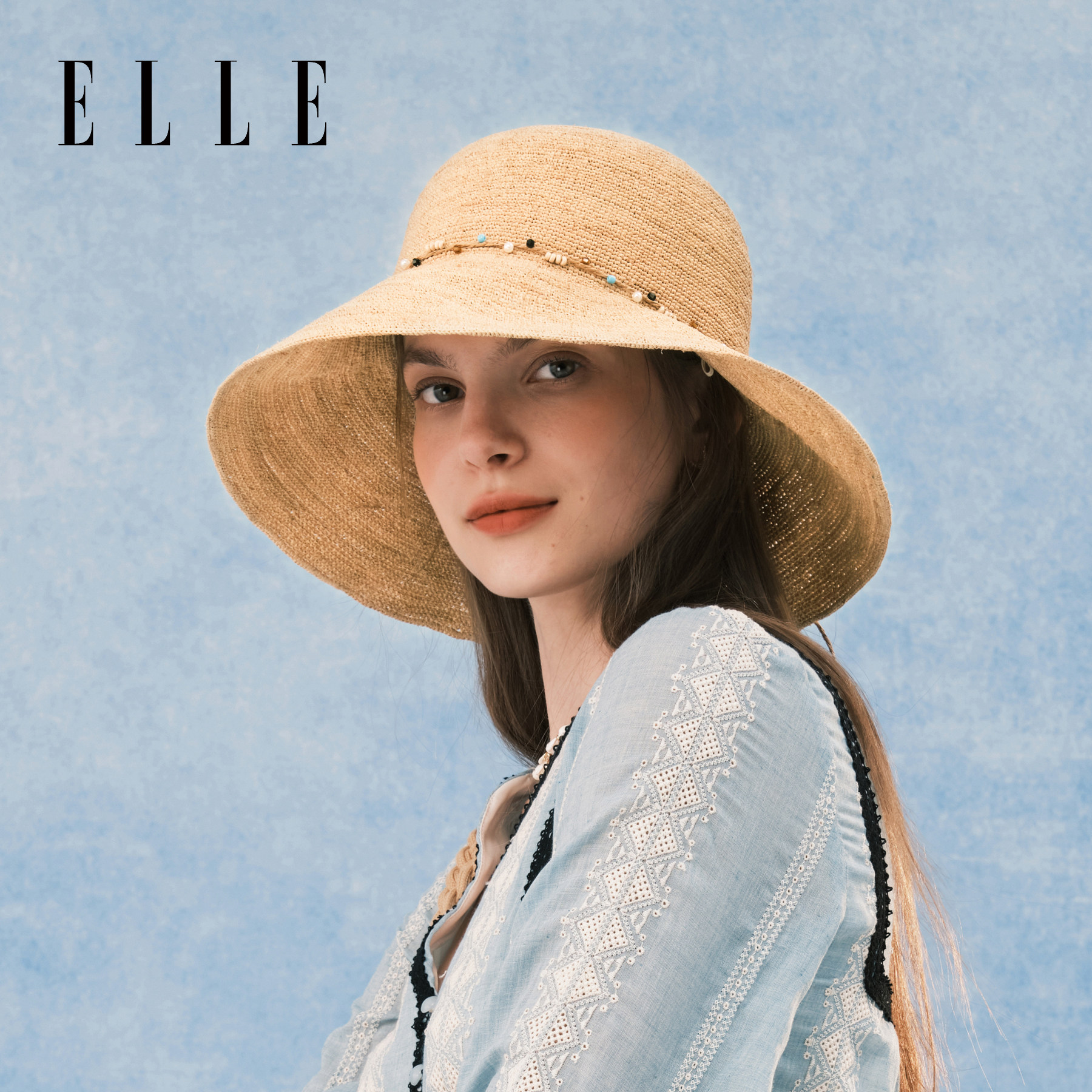 ELLE拉菲草帽女士夏季时尚法式海边田园风珠链勾边大帽檐遮阳帽子