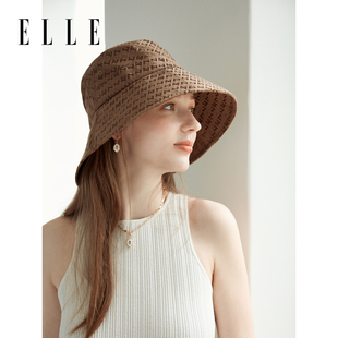 ELLE老花防晒遮阳帽女夏季 户外防紫外线logo提花大帽檐渔夫帽子A