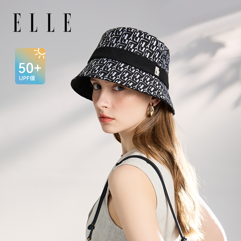 ELLE防晒渔夫帽女夏季防紫外线户外遮阳显脸小出游休闲百搭盆帽A