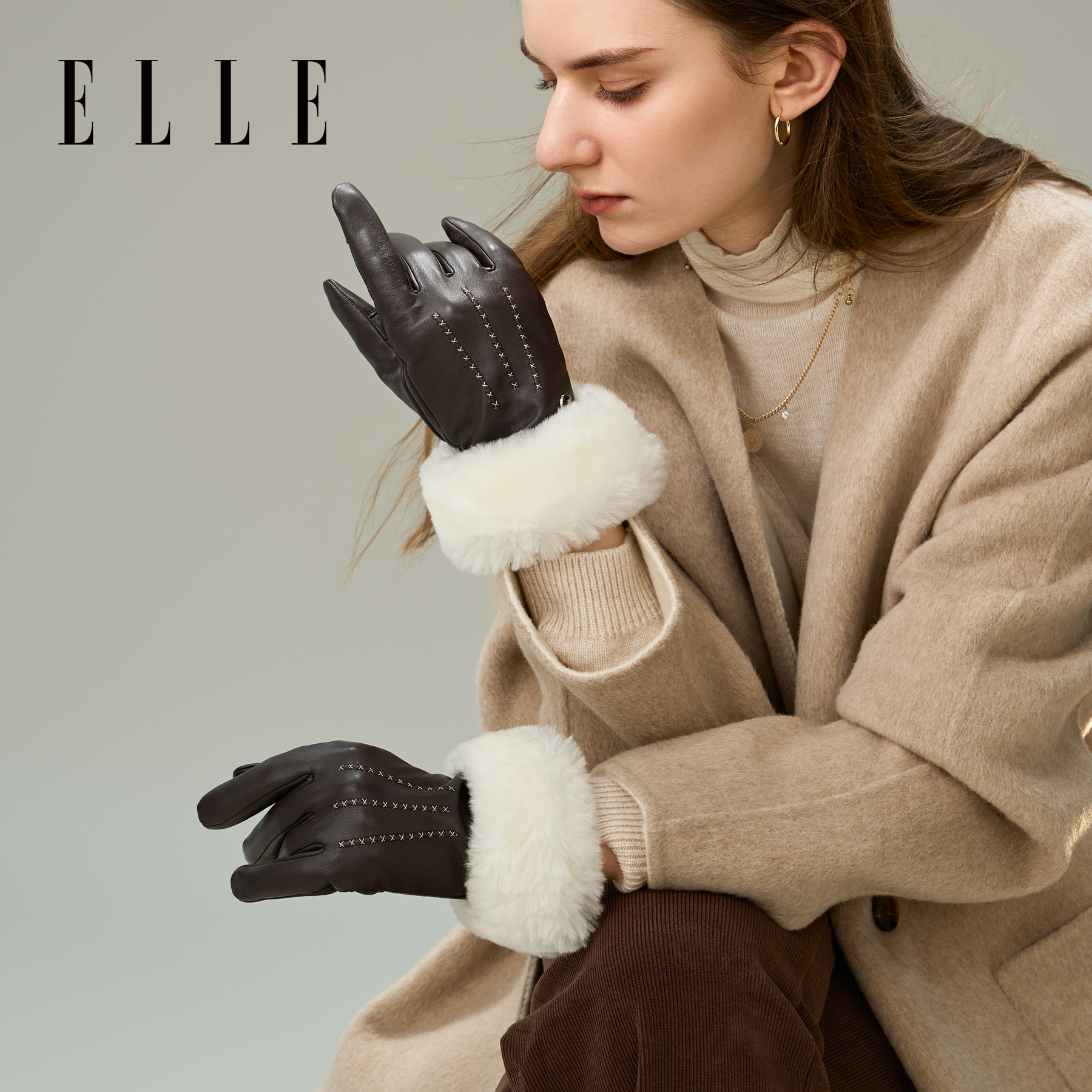 ELLE羊皮真皮手套女士毛绒领口分指可触屏加绒秋冬保暖送礼礼盒装