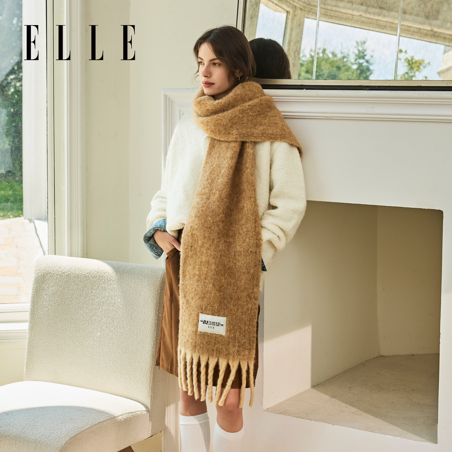 ELLE杂花色马海毛羊毛围巾女士秋冬季户外时尚保暖加厚氛围感围脖