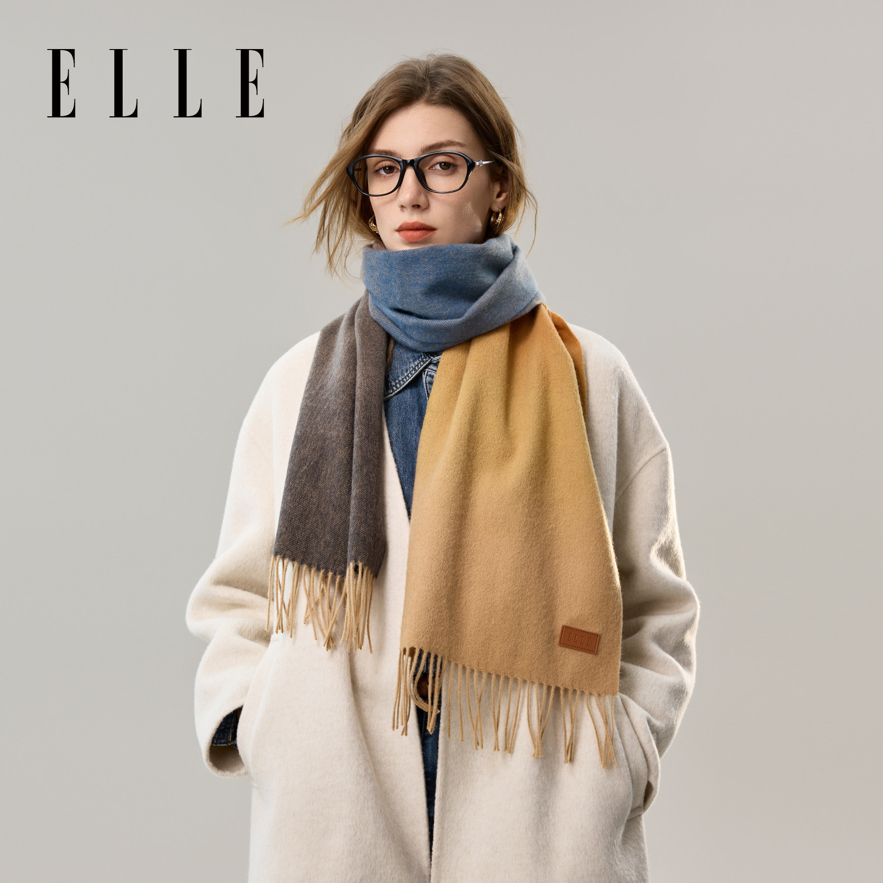 ELLE100%羊毛围巾女士秋冬季户外保暖时尚百搭渐变围脖送礼礼盒装