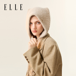 ELLE兔毛针织帽女生秋冬季 户外保暖护耳可爱猫耳朵毛线帽子显脸小