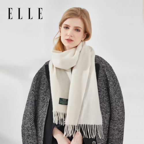 ELLE100%绵羊毛围巾女士秋冬季户外保暖红色节日时尚百搭纯色围脖