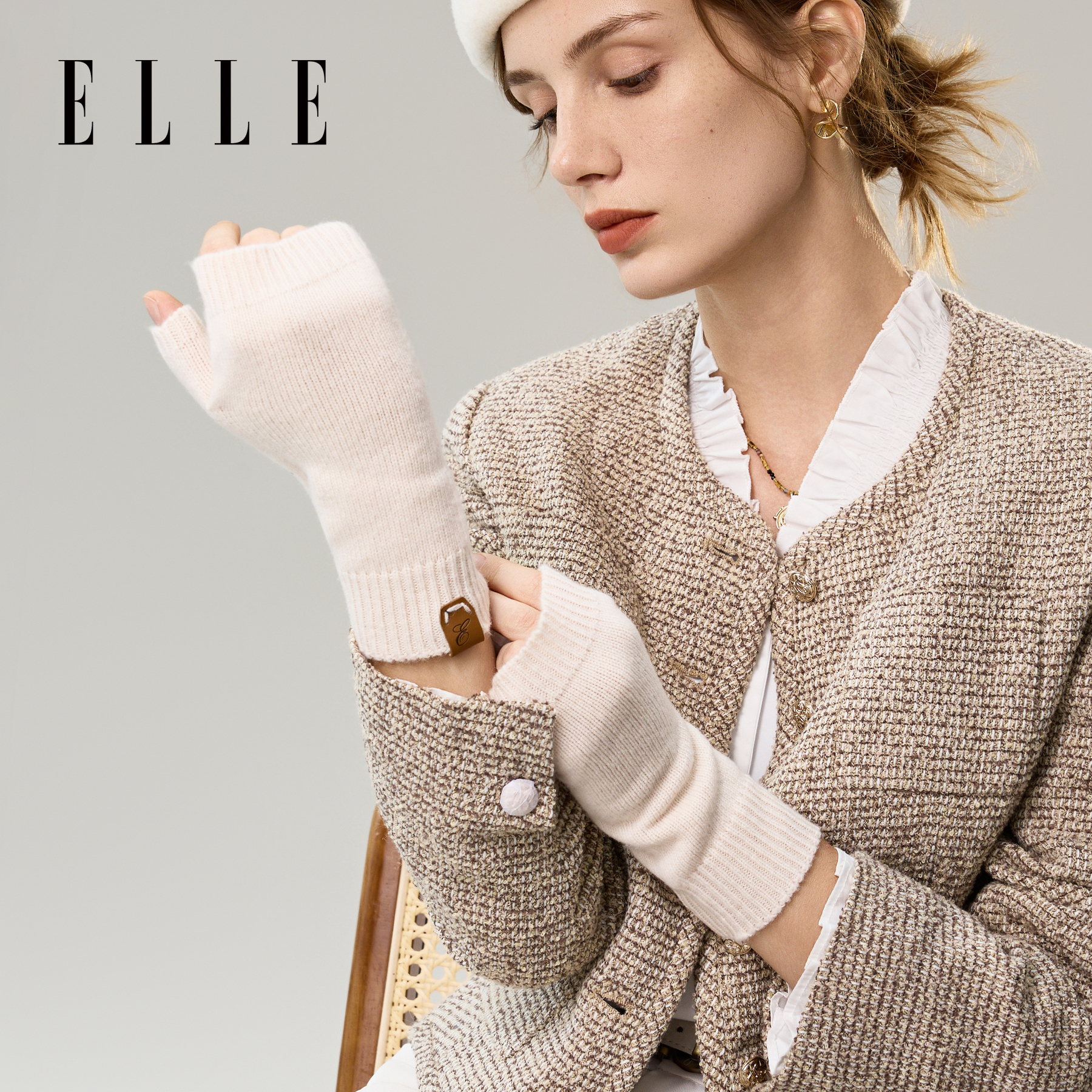 ELLE100%绵羊毛针织手套