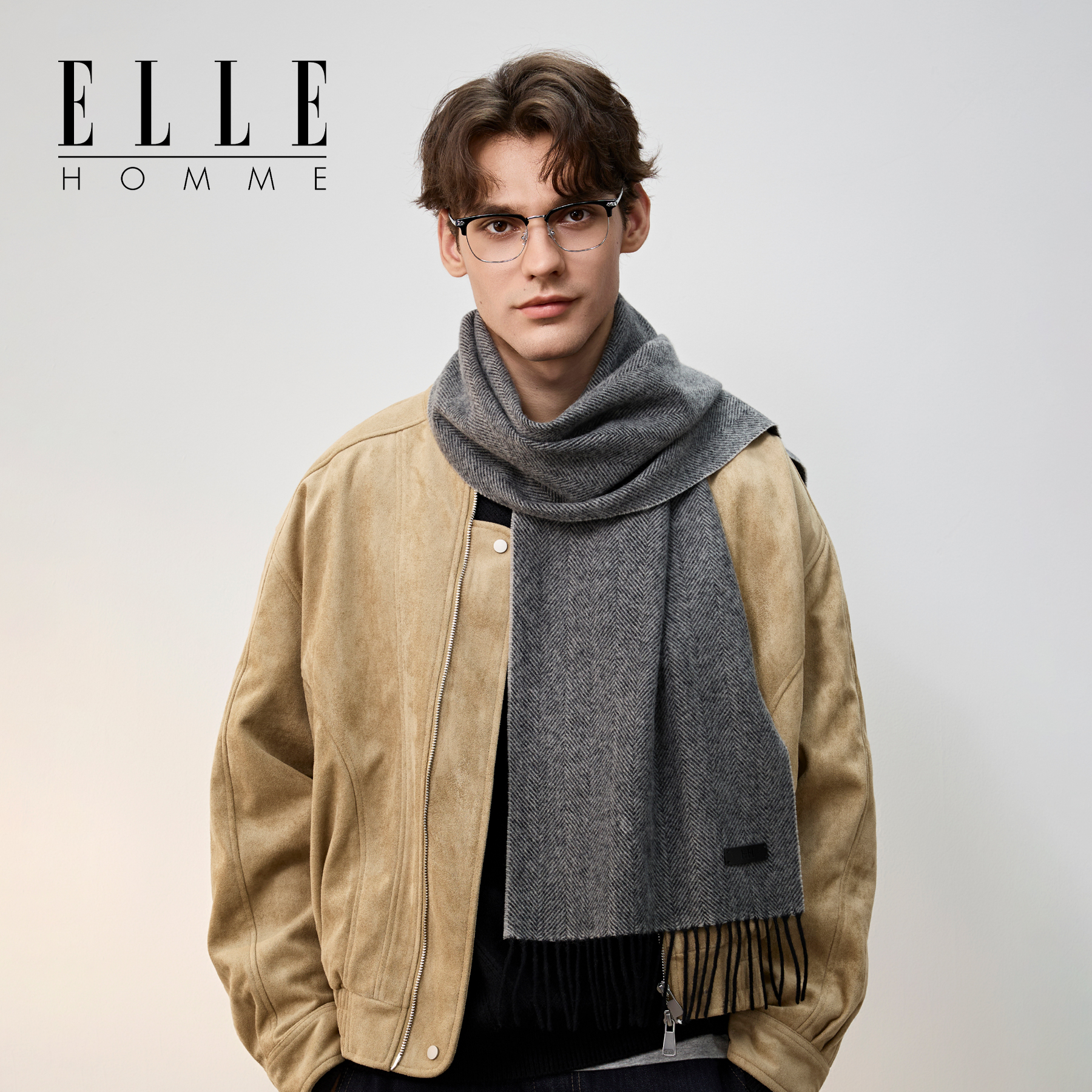 ELLE HOMME100%绵羊毛围巾男士人字纹围脖时尚保暖秋冬季送礼礼盒