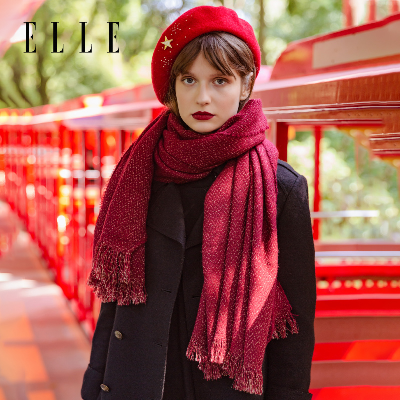 ELLE金属亮丝文理大围巾女士冬季