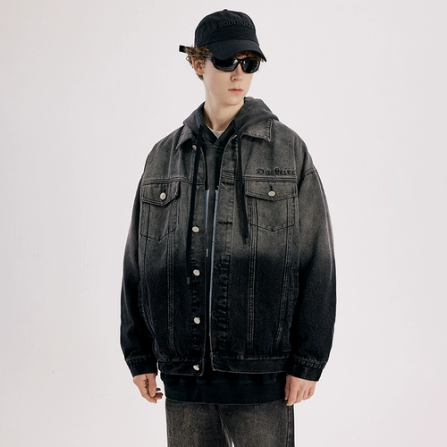 Джинсовая мужская ретро трендовая куртка для влюбленных, градиент, в американском стиле, оверсайз, с вышивкой