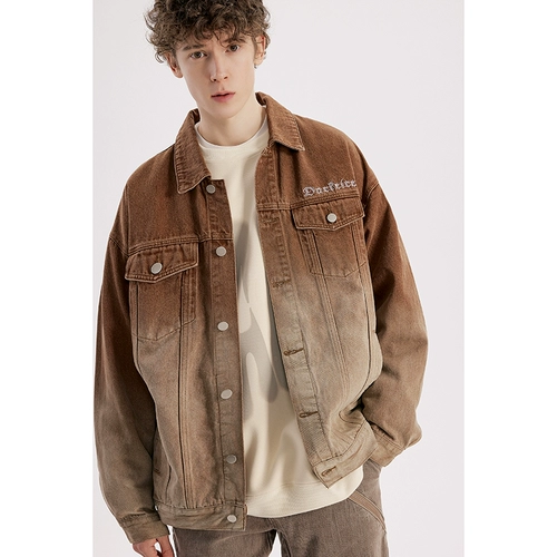 Джинсовая мужская ретро трендовая куртка для влюбленных, градиент, в американском стиле, оверсайз, с вышивкой