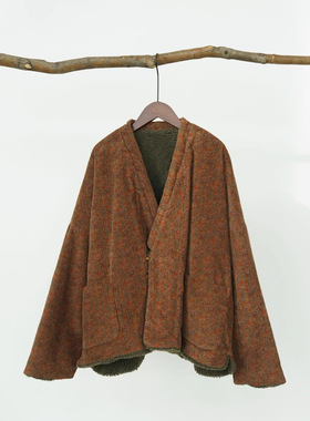 原创冬季数码碎花灯芯绒加绒外套 怀旧AB两穿宽松加厚棉衣M25404