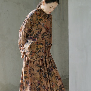 原创复古自然主义春夏印花衬衫 全棉立领做旧小众款式两穿上衣