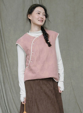 原创东方美学棉麻提花斜襟夹棉马甲轻中式加厚马甲背心M24393