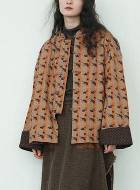 原创复古拼色盘扣保暖宽松棉衣新中式加厚怀旧印花外套棉袄M24354