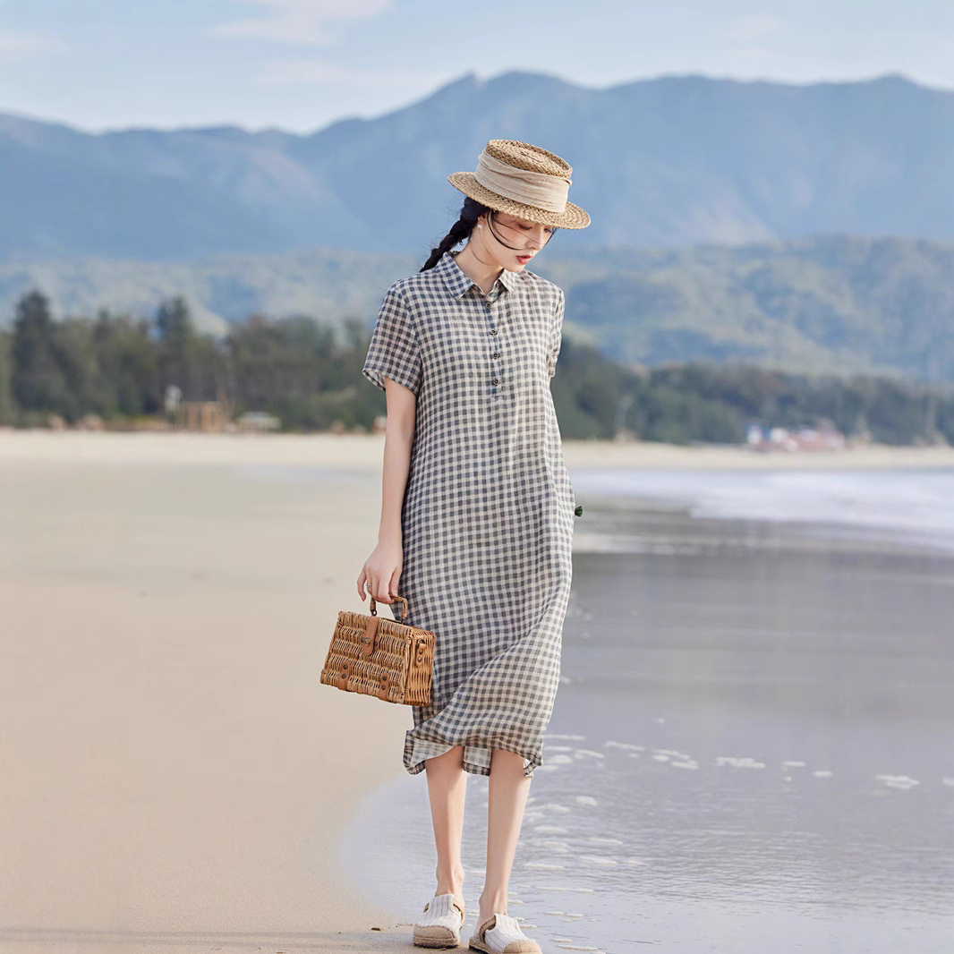 2026新款 实拍现货文艺苎麻格子连衣裙 短袖中长裙