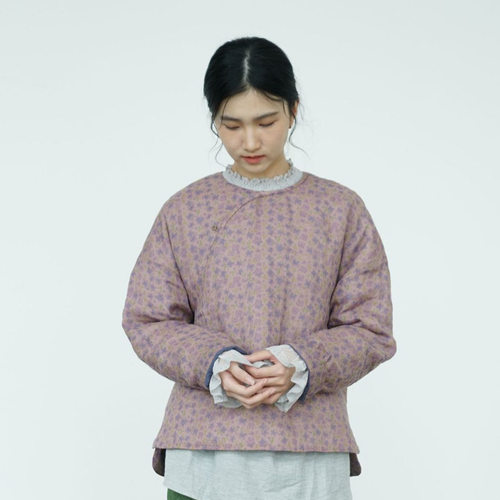 原创轻中式印花苎麻软糯小棉衣 田园生活加厚套头棉袄M25318