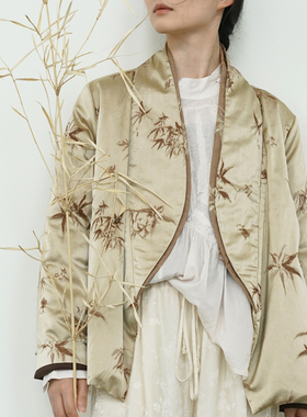 原创国风新中式人丝光泽斜襟加厚棉衣 竹叶提花保暖棉袄M24357