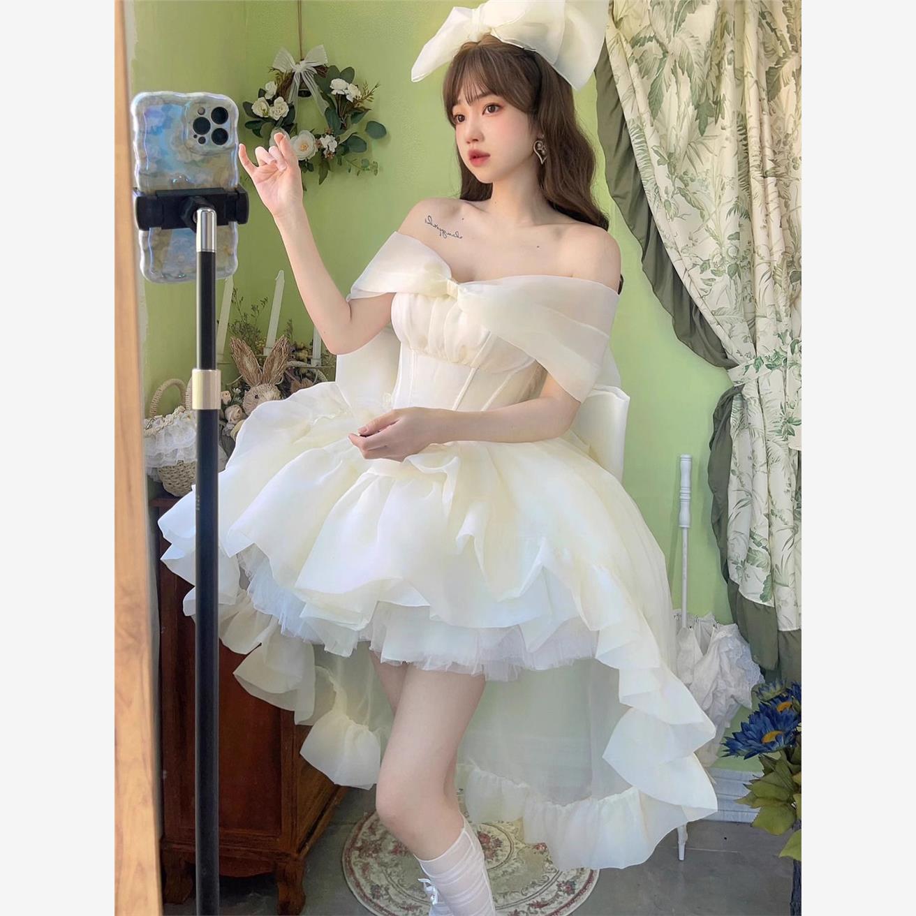 高定在逃公主法式蓬蓬裙生日礼服仙女甜美拖尾公主裙前短后长裙仙