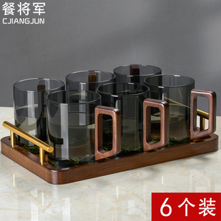 家用客厅6个喝水待客泡茶杯子带把手杯架耐高温 高硼硅玻璃杯套装