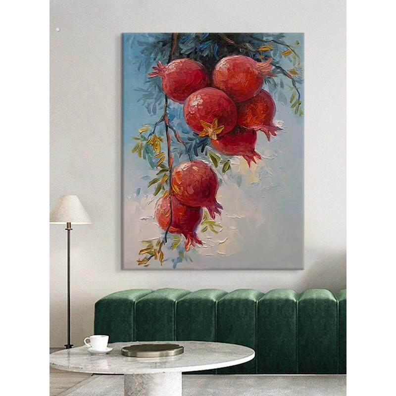 新中式纯手绘油画肌理画红色石榴客厅餐厅装饰画多子多福玄关挂画