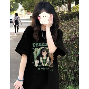 黑色纯棉短袖 oversize卡通小众设计感别致上衣 t恤女2024夏季 新款