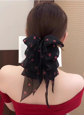 last kiss 黑色蝴蝶结抓夹碎花飘带鲨鱼夹发夹女后脑勺马尾夹发饰