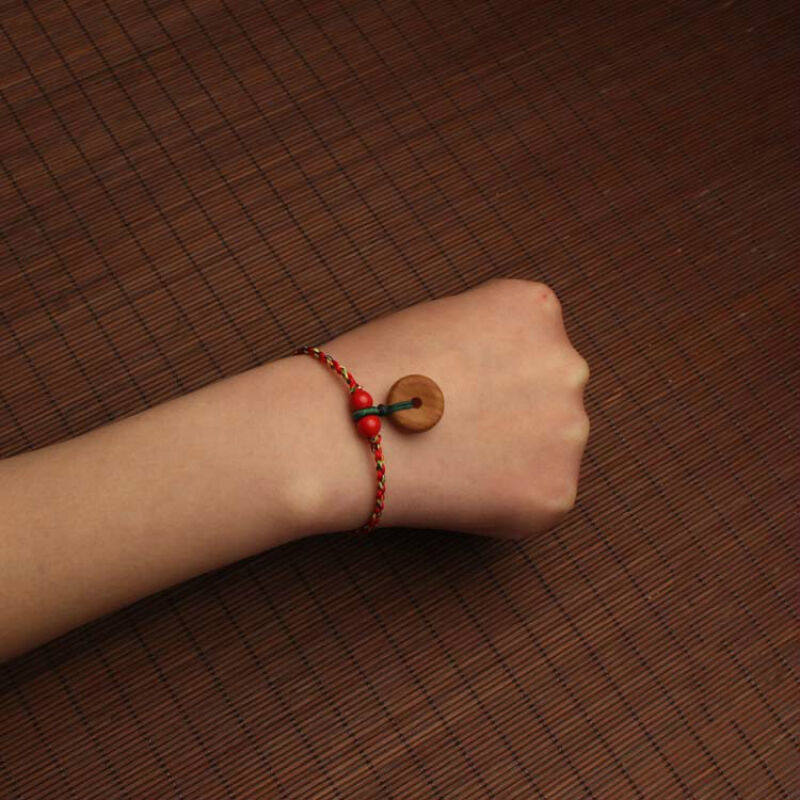 端午节五彩绳红绳手链脚链玉石平安扣桃木红脚绳手绳男女桃木平安