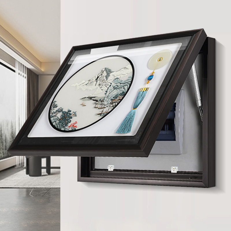 新中式山水刺绣电表箱装饰画 画免打孔电闸弱电箱总开 关高档遮挡