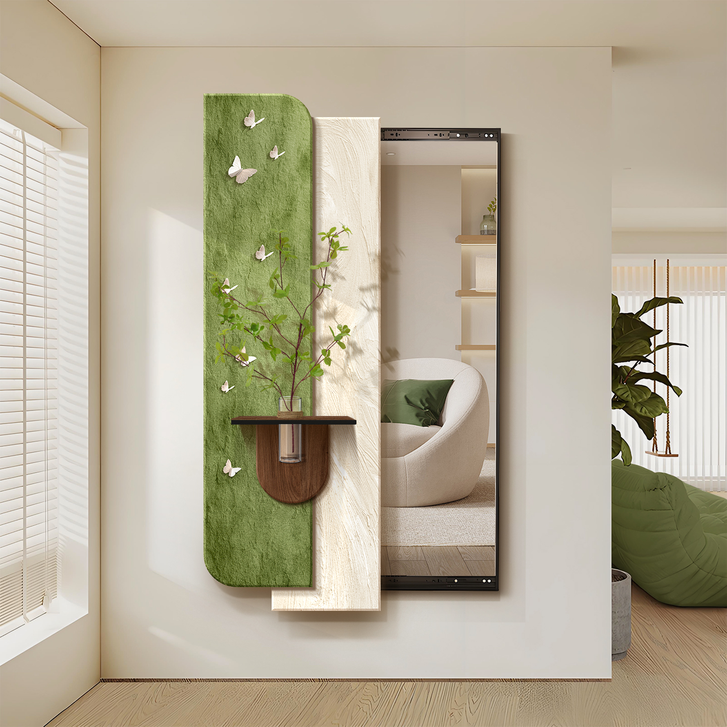 中古风可推拉入户玄关穿衣镜水培绿植暗藏式全身镜卧室装饰镜子画