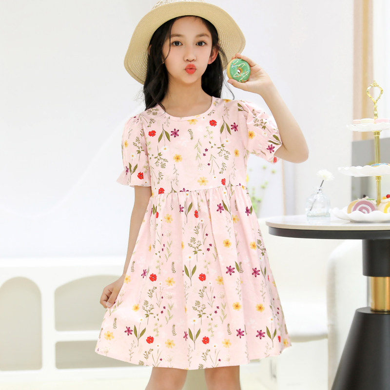 女童棉质连衣裙夏季泡泡袖碎花沙滩裙女孩薄款短袖儿童外穿公主裙