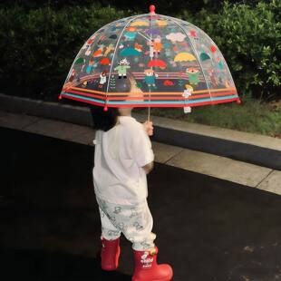 儿童透明拱形雨伞森林卡通安全轻便幼儿园男孩女孩上学专用长柄伞