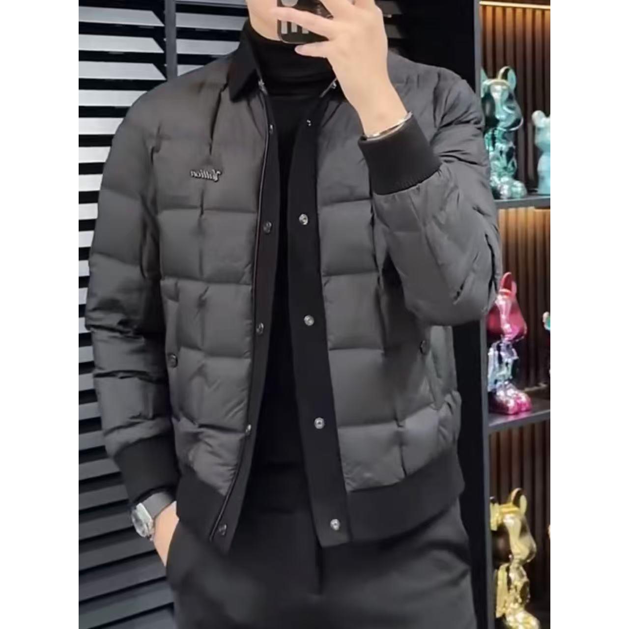男士冬季款时尚潮流轻薄帅气修身黑色商务港风翻领羽绒服极简百搭