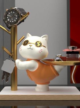 招财猫玄关钥匙收纳摆件入户家居客厅托盘装饰品搬家乔迁新居礼物
